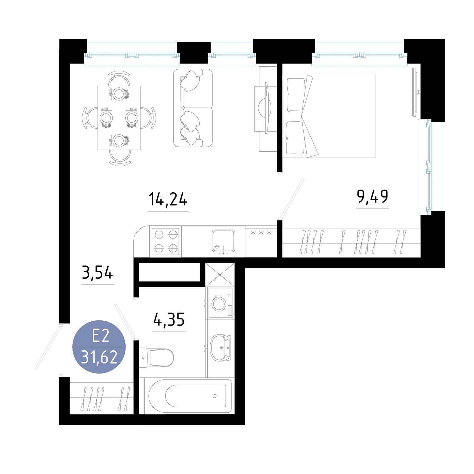 Планировка Квартира с одной спальней и гостиной 14 м² (Евро-2)