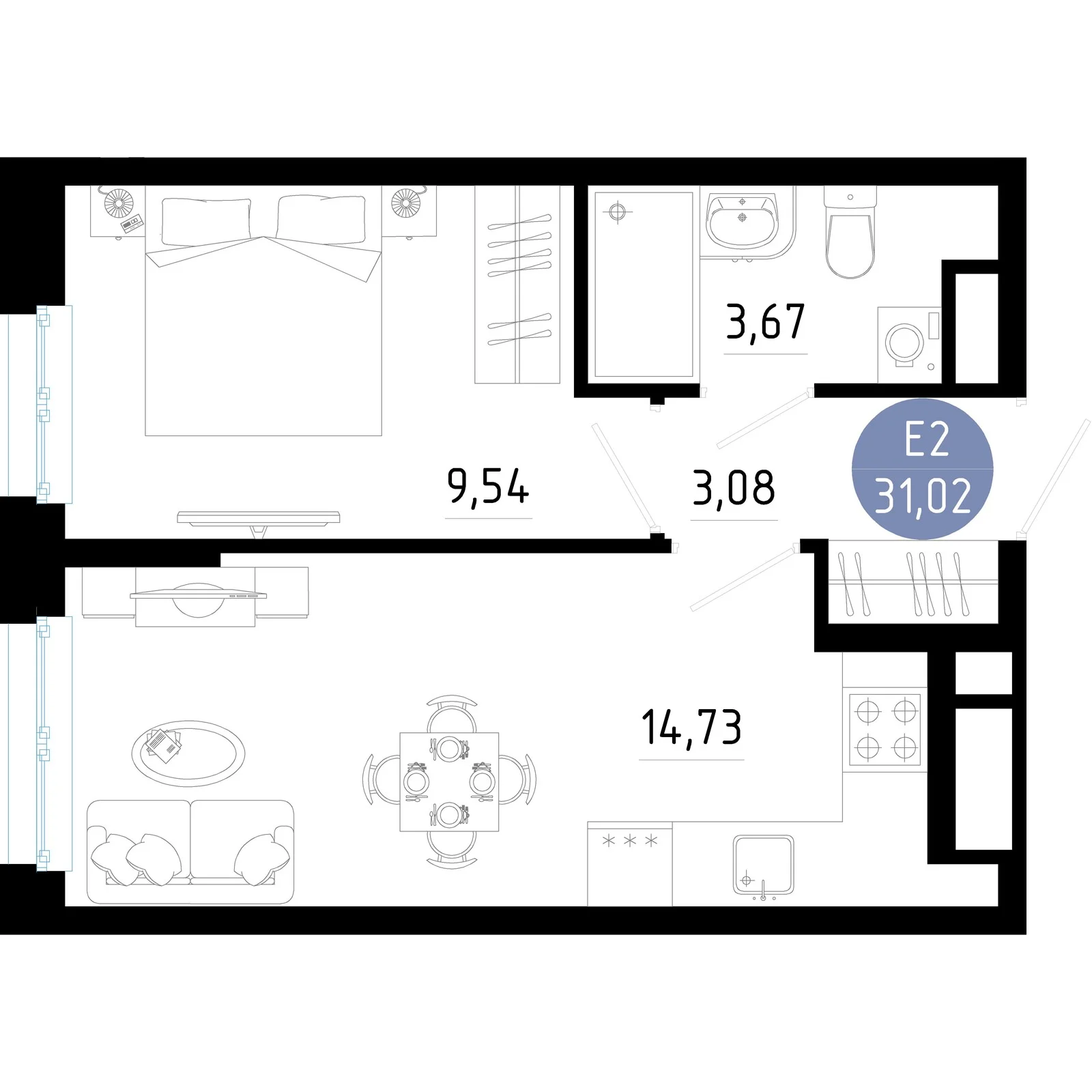 Планировка Квартира с одной спальней и гостиной 15 м² (Евро-2)