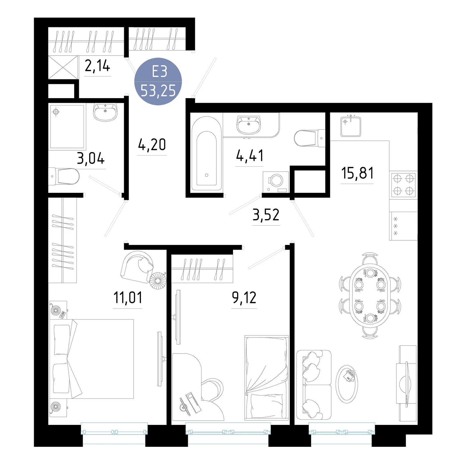 Планировка Квартира с двумя спальнями и гостиной 16 м² (Евро-3)