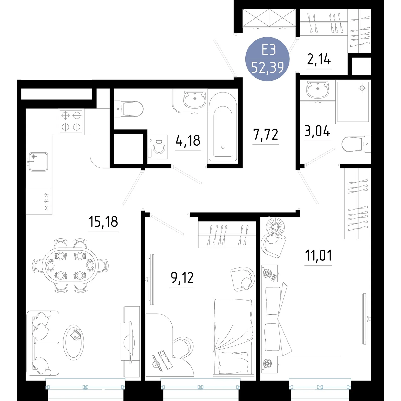 Планировка Квартира с двумя спальнями и гостиной 15 м² (Евро-3)